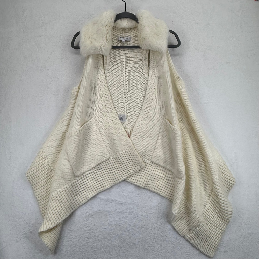 Kaufmanfranco Cream Wool Blend Knit Vest Faux Fur Collar Sleeveless Medium M